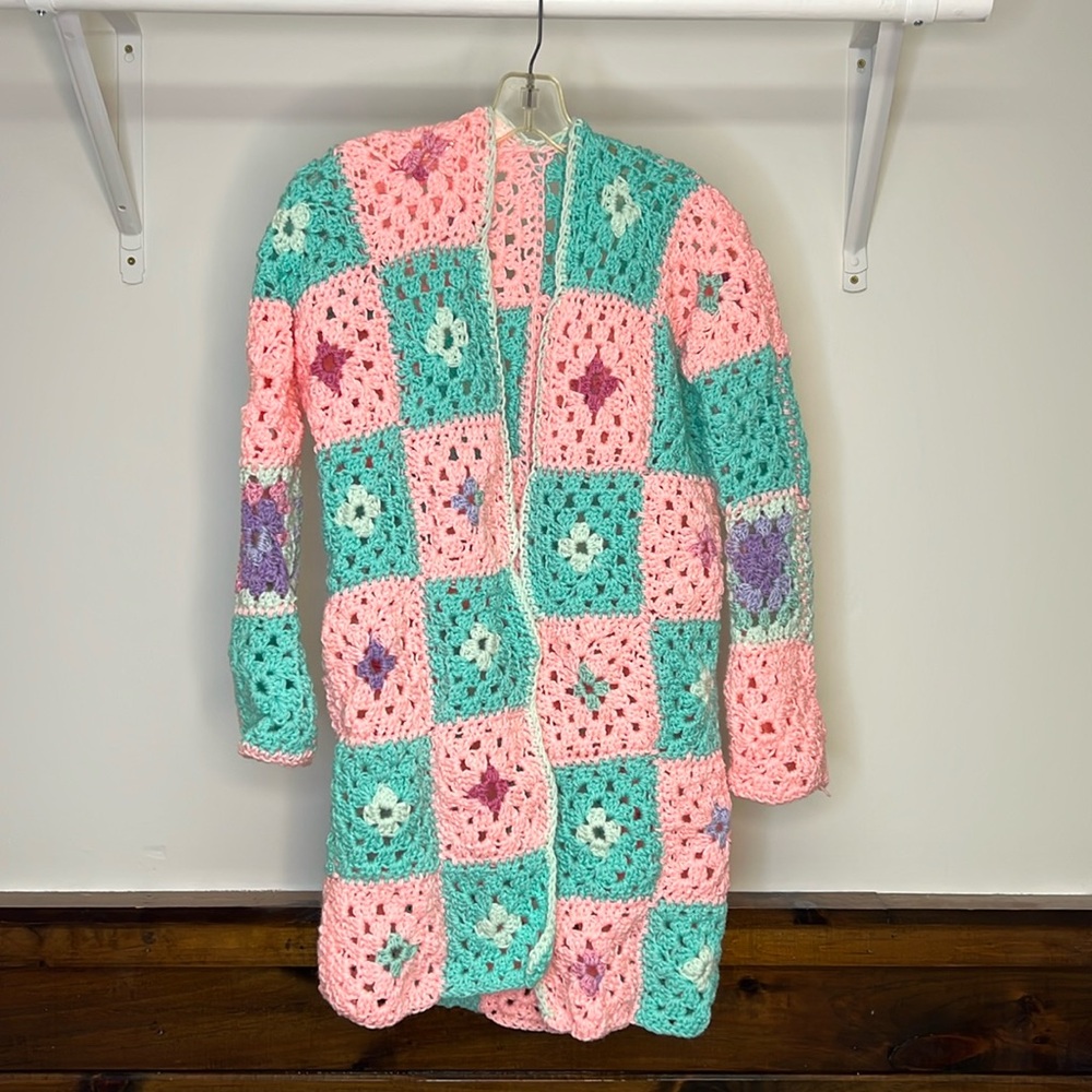 Handmade Granny Square Crochet Long Length Cardigan Pastel Spring Colors- S/M‎